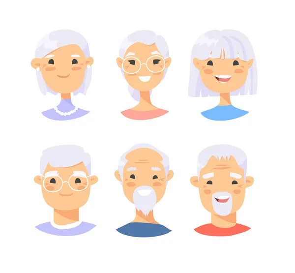 Conjunto de personagens masculinos e femininos asiáticos. Estilo dos desenhos animados idosos p —  Vetores de Stock