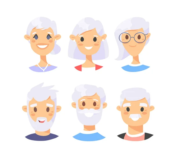Conjunto de personajes caucásicos masculinos y femeninos. Caricatura estilo anciano — Archivo Imágenes Vectoriales