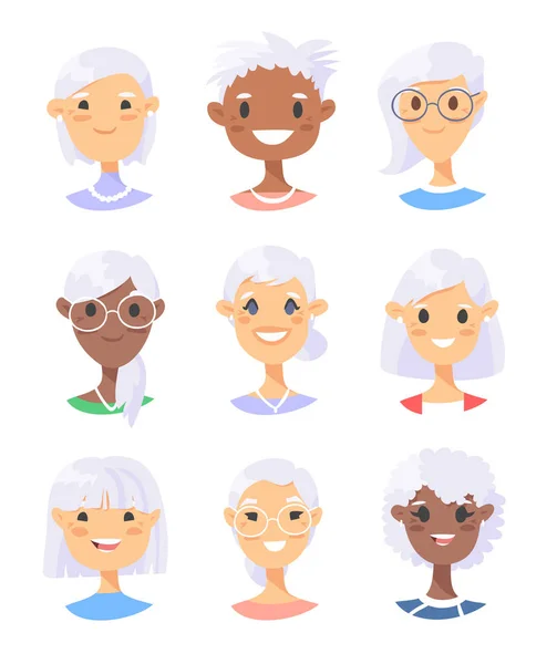 Női karakterek sorozata. Rajzfilm stílusú idősek ikonok. Van — Stock Vector