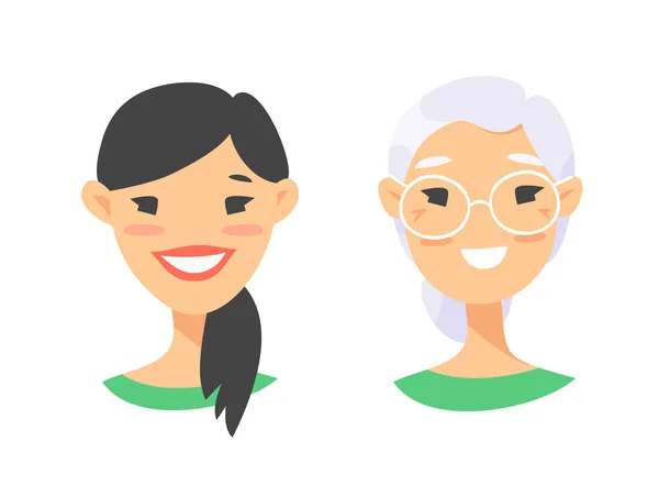 Set di personaggi femminili asiatici. Stile cartone animato anziani e giovani — Vettoriale Stock