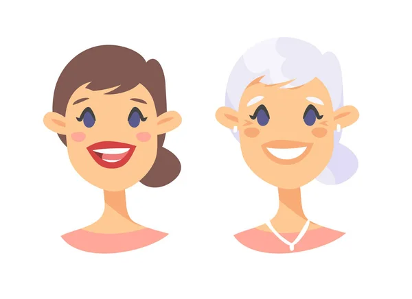 Conjunto de personagens femininas caucasianas. Estilo dos desenhos animados idosos e yo —  Vetores de Stock