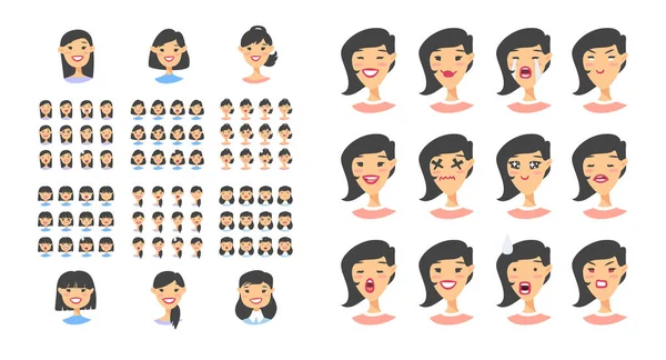 여성 emoji 문자 집합입니다. 만화 스타일 감정 아이콘입니다. Iso — 스톡 벡터