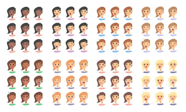 Conjunto de personagens femininas emoji. Ícones de emoção estilo desenhos animados. Iso. —  Vetores de Stock