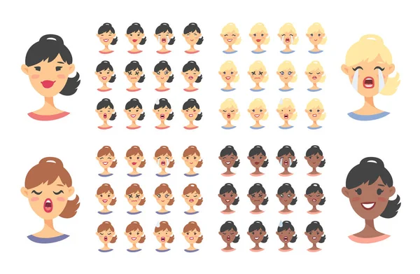 Ensemble de personnages émoji féminins. icônes d'émotion de style dessin animé. Iso — Image vectorielle