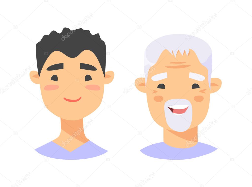 Set of asian male characters. Cartoon style elderly and young pe