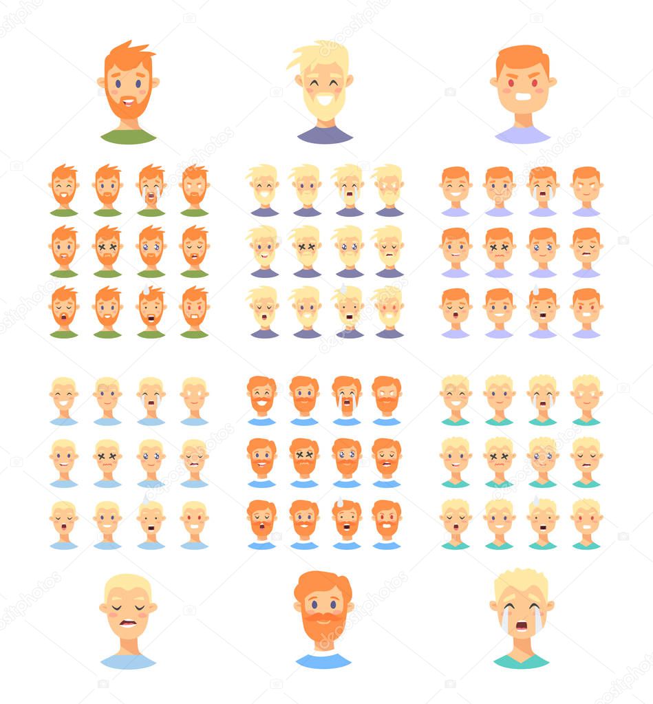 Set of male emoji characters. Cartoon style emotion icons. Isola