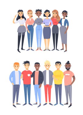 Bir grup farklı erkek ve kadınların kümesi. Karikatür tarzı charact