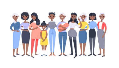 Bir grup farklı Afrikalı-Amerikalı kadın kümesi. Çizgi film styl