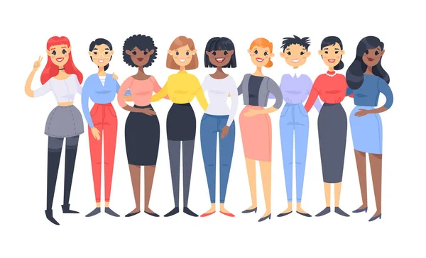 Conjunto de un grupo de mujeres diferentes. Personajes de dibujos animados de d — Vector de stock