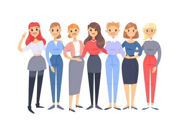 Conjunto de um grupo de mulheres caucasianas diferentes. Desenhos animados estilo europ —  Vetores de Stock