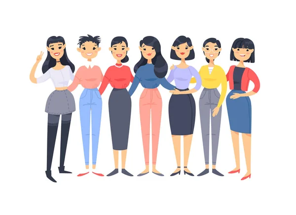Set of a group of different asian american women. Cartoon style — Stock Vector