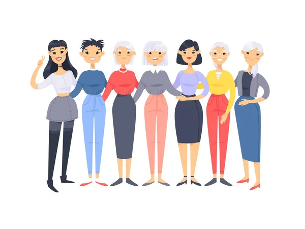 Ensemble d'un groupe de différentes femmes asiatiques américaines. Cartoon style — Image vectorielle