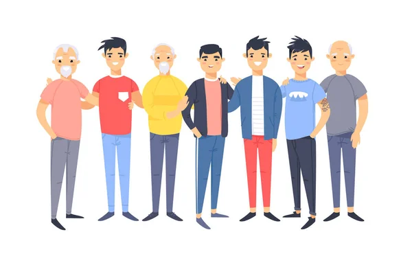 Set of a group of different asian american men. Cartoon style ch — Stock Vector
