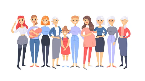 Conjunto de un grupo de diferentes mujeres caucásicas. Estilo de dibujos animados europ — Vector de stock