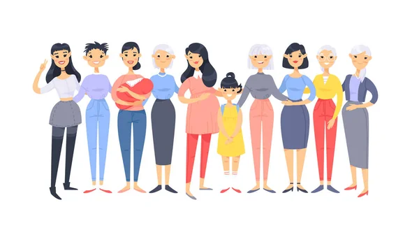 Conjunto de un grupo de diferentes mujeres asiáticas americanas. Estilo de dibujos animados — Vector de stock