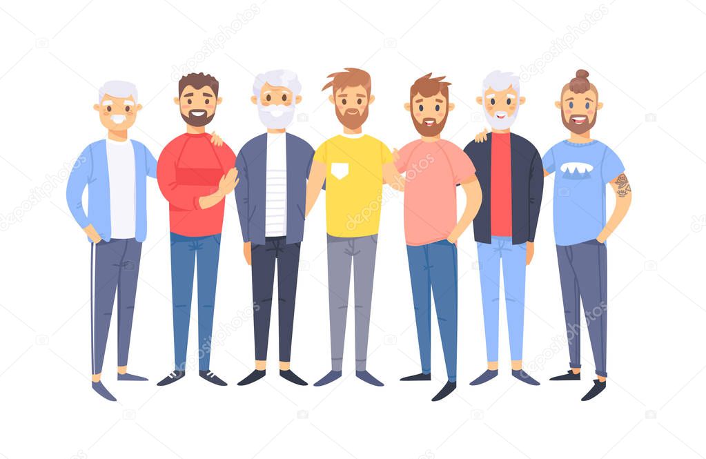 Set of a group of different caucasian men. Cartoon style europea