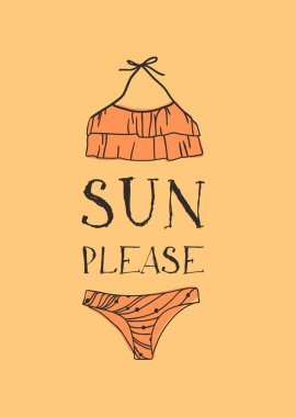 El çizilmiş yaz alıntı ve bikini illüstrasyon. Gerçek tropikal