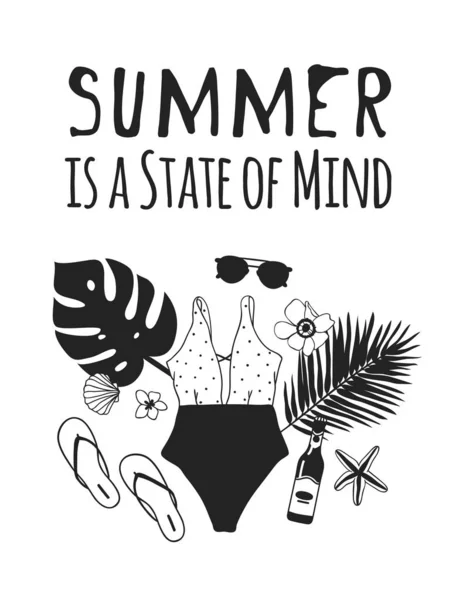 ●手描きの夏の引用とイラスト。実際の熱帯ベクトル — ストックベクタ