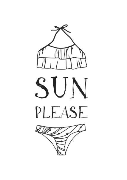 Citation d'été dessinée à la main et illustration de bikini. Réel tropical — Image vectorielle