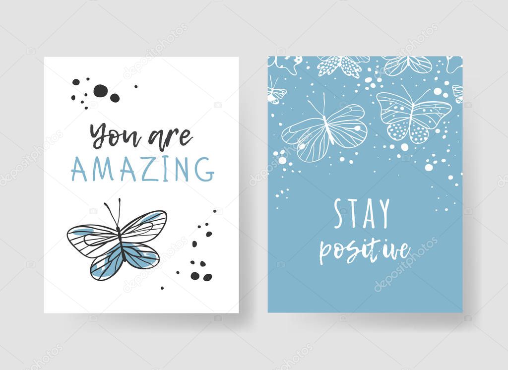 Set of 2 cards with Hand drawn illustration and text. Positive q
