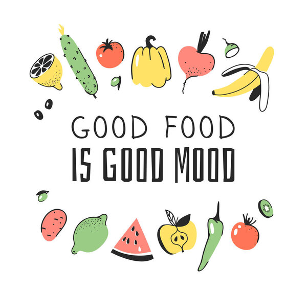 Набор овощей, фруктов и экологически чистых слов. Vec
