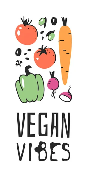 野菜、果物、環境にやさしい言葉の手描きセット。Vec — ストックベクタ