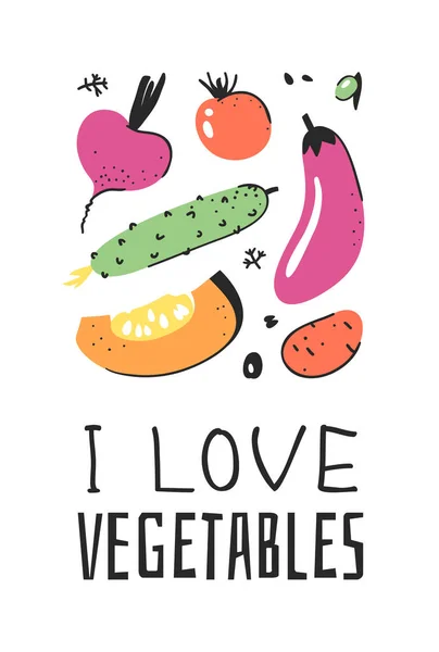 Conjunto dibujado a mano de verduras, frutas y palabras ecológicas. Vec — Vector de stock