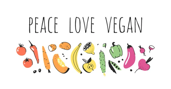 野菜、果物、環境にやさしい言葉の手描きセット。Vec — ストックベクタ
