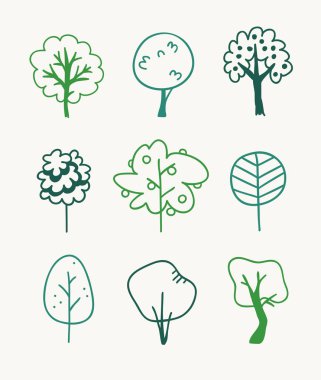 Elle çizilmiş ağaç seti. Eko arka plan. Soyut doodle drawin