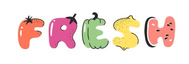 Karikatür vektör illüstrasyon sebze ve meyve ve kelime Taze