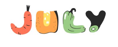 Karikatür vektör illüstrasyon sebze ve meyve ve kelime Temmuz.