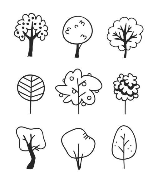 Ensemble d'arbres dessinés à la main. Fond écologique. Dessin abstrait de doodle — Image vectorielle