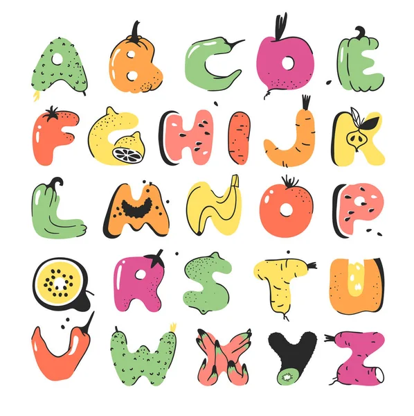 Desenhos animados ilustração vetorial legumes e frutas ABC. Desenho manual —  Vetores de Stock