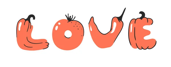 Illustrazione vettoriale dei cartoni animati verdure e frutta e parola AMORE . — Vettoriale Stock