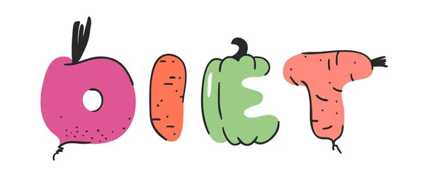 Kreslená vektorová ilustrace zelenina a ovoce a slovní strava. — Stockový vektor