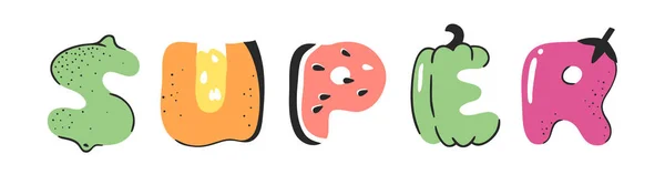 Мультфильм векторная иллюстрация овощи и фрукты и слово SUPER — стоковый вектор