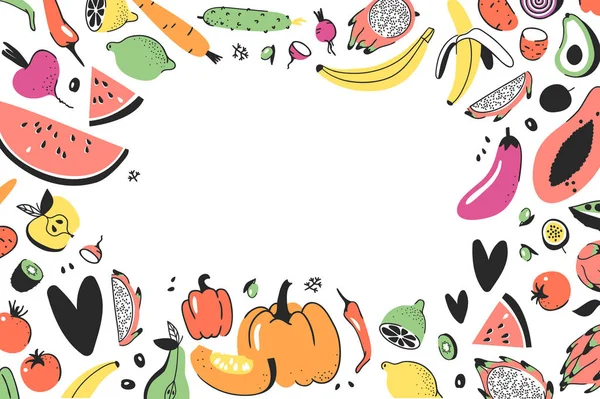Marco con verduras dibujadas a mano, frutas. Vector garabato artístico — Vector de stock