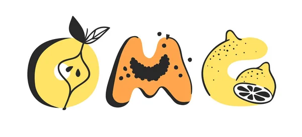 Cartoon vector illustratie groenten en fruit en Word OMG. — Stockvector