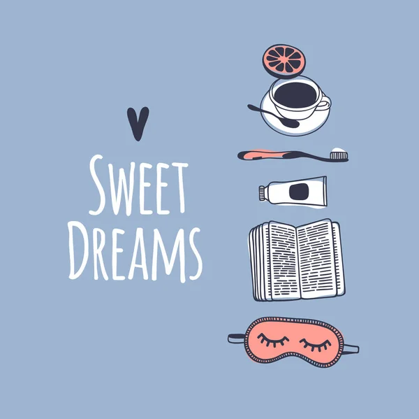 Objets dessinés à la main sur Sleep Routines et texte.Vector Cozy Ill — Image vectorielle