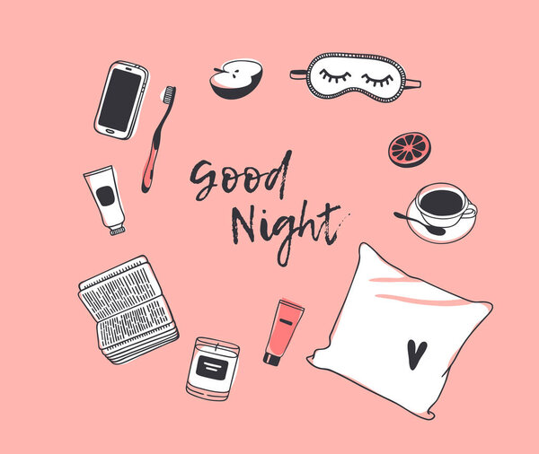 Hand drawn objects about Sleep Routines and text.Vector Cozy Ill