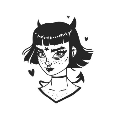 El Çizilmiş portre Şık Devil Woman. Güzel Moda Illus
