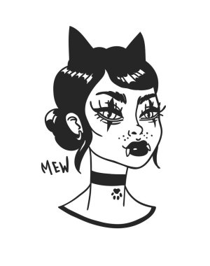 El Çizilmiş portre Şık Kedi Kadın. Güzel Moda Illustr