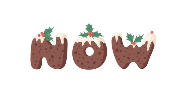Cartoon vector illustration Christmas Pudding. Hand drawn font. — Stock Vector