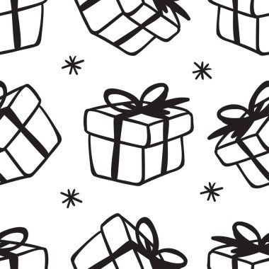Noel Hediyesi Kutusu. Vektör Kutlama İllüstrasyonuyla el çizimi kusursuz desen. Yaratıcı sanat eserleri. Sıcak kış dekorasyonu seti. Doodle Tatil arkaplanı. 