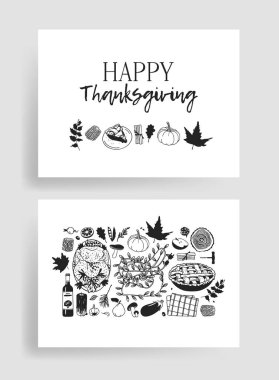 Elle çizilmiş sonbahar tatili illüstrasyonu. Yaratıcı mürekkep işi. Gerçek vektör çizimi. Şükran Günü seti: yiyecek, içecek, eşya.