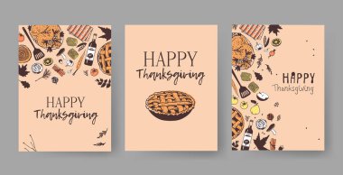 Elle çizilmiş sonbahar tatili illüstrasyonu. Yaratıcı mürekkep işi. Gerçek vektör çizimi. Şükran Günü seti: yiyecek, içecek, eşya.