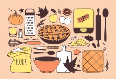 Elle çizilmiş sonbahar tatili illüstrasyonu. Yaratıcı mürekkep işi. Gerçek vektör çizimi. Şükran Günü seti: yiyecek, içecek, eşya.