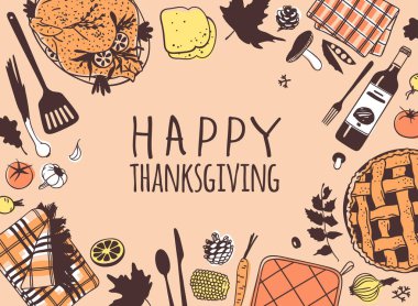 Elle çizilmiş sonbahar tatili illüstrasyonu. Yaratıcı mürekkep işi. Gerçek vektör çizimi. Şükran Günü seti: yiyecek, içecek, eşya.