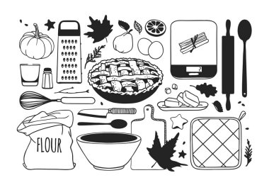 Hand drawn autumn holidays illustration. Creative ink art work. Actual vector black and white drawing. Thanksgiving Day set: food, drinks, things clipart