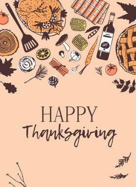 Elle çizilmiş sonbahar tatili illüstrasyonu. Yaratıcı mürekkep işi. Gerçek vektör çizimi. Şükran Günü seti: yiyecek, içecek, eşya.